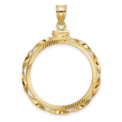 Hand Twisted Ribbon and Diamond-Cut 25.0mm x 2.35mm Screw Top Coin Bezel Pendant 14k Gold Polished …
