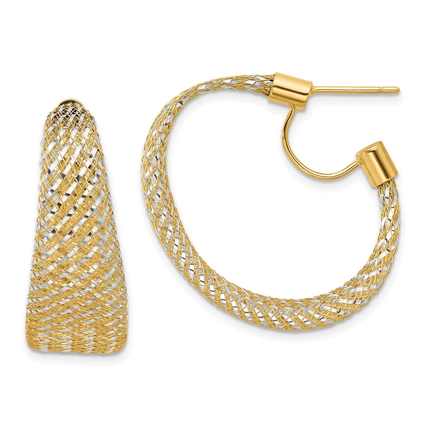 Braided Mesh Stretch Post Hoop Earrings 14k Gold with Rhodium LE2571 196904337929