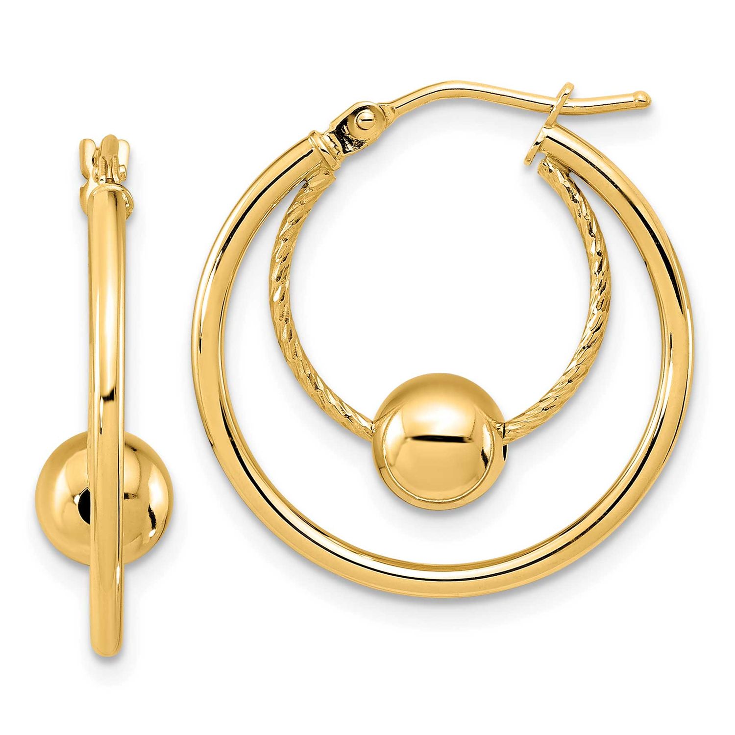Textured with 6mm Ball Hoop Earrings 10k Gold Polished 10LE670