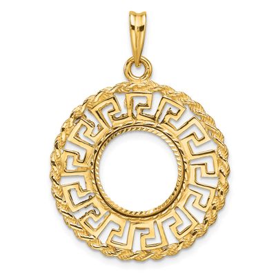 Diamond-Cut Greek Key with Rope Border 13.0mm Prong Coin Bezel Pendant 14k Gold Polished C3013D/13.0