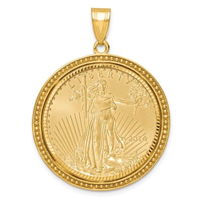 Beaded &amp; Diamond-Cut Prong Mounted 1/2Oz American Eagle Coin Bezel Pendant 14k Gold C8197/27.0C