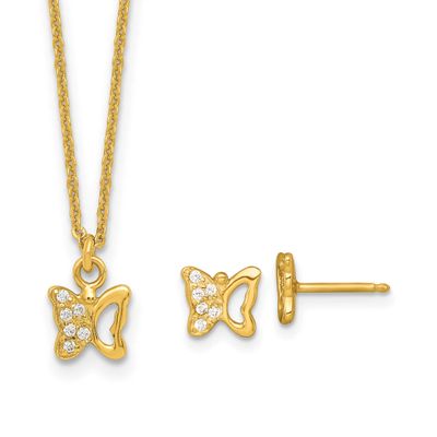 Gold-Tone CZ Butterfly Children&#39;s Post Earrings and Necklace Set Sterling Silver QST289SET