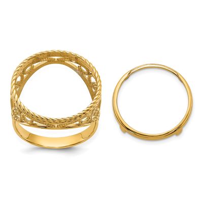 Ladies Polished and Twisted Wire Scroll Design 16.5mm Coin Bezel Ring 10k Gold 10CR11/10AE