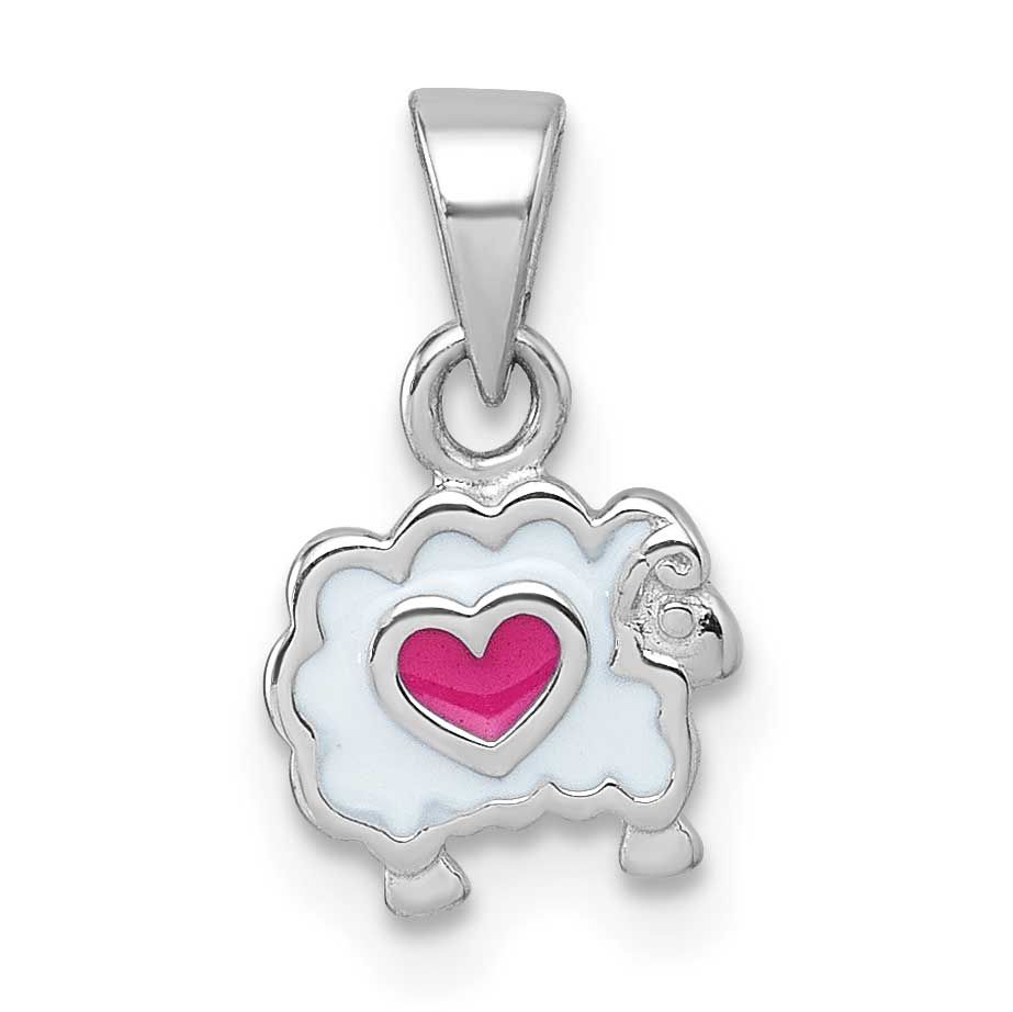 Children&#39;s White and Pink Enamel Sheep with Heart Pendant Sterling Silver Rhodium-plated QP5978