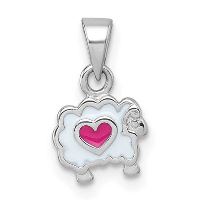 Children&#39;s White and Pink Enamel Sheep with Heart Pendant Sterling Silver Rhodium-plated QP5978
