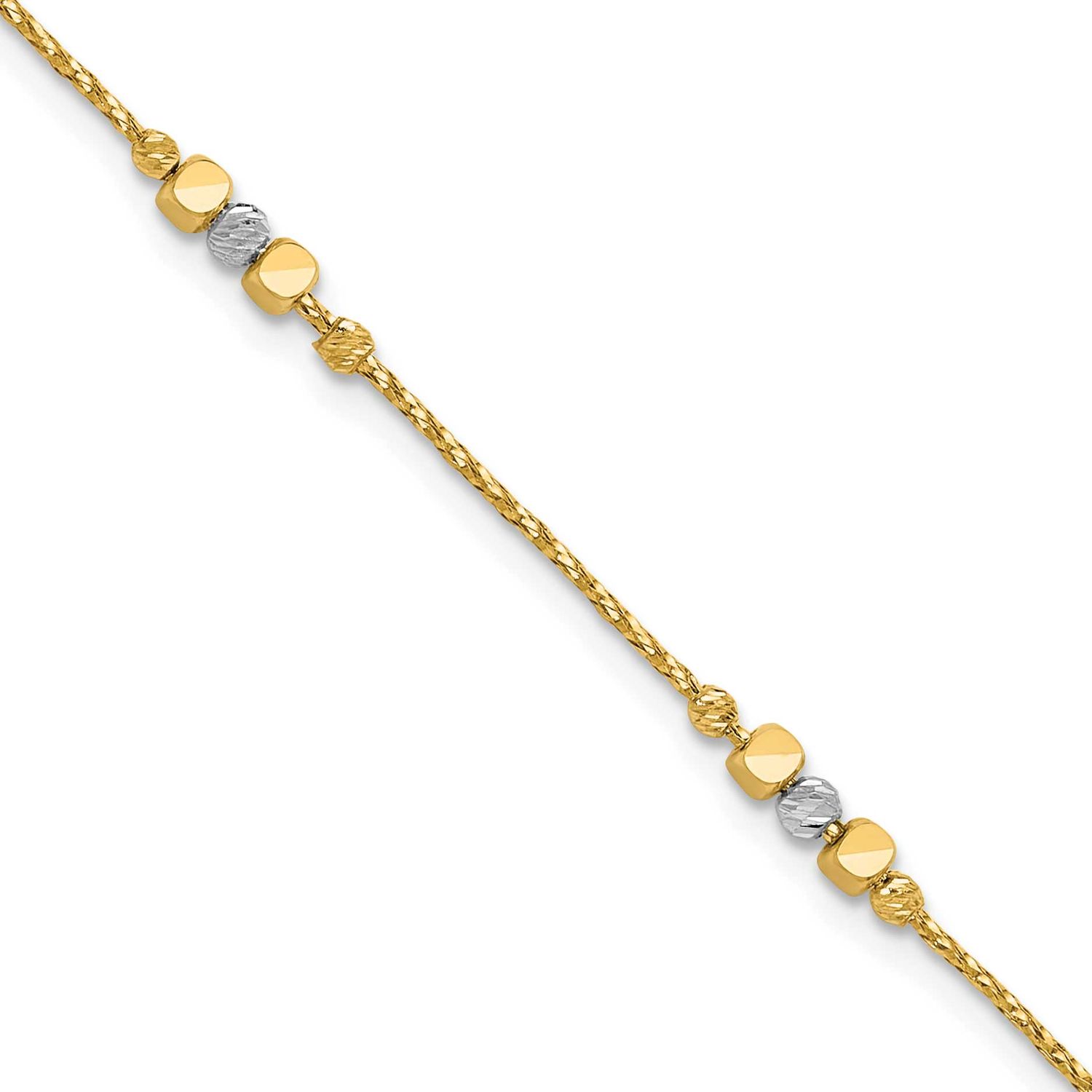 Pol/Texture/Diamond-Cut Beads with 1 Inch Extender Bracelet 14k Two-tone Gold LF2077-7