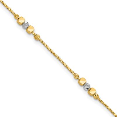 Pol/Texture/Diamond-Cut Beads with 1 Inch Extender Bracelet 14k Two-tone Gold LF2077-7