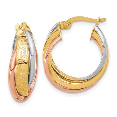 Tri-Color Polished with Textured Greek Key Hoop Earrings 14k Gold LE2665 196904336182