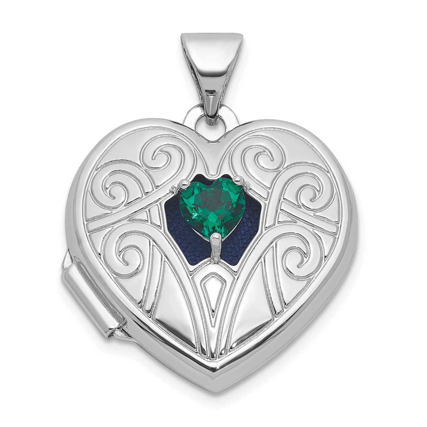 Lab Created Emerald May Birthstone 18mm Heart Locket Sterling Silver Rhodium-plated QLS1200/MAY