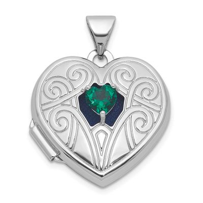 Lab Created Emerald May Birthstone 18mm Heart Locket Sterling Silver Rhodium-plated QLS1200/MAY