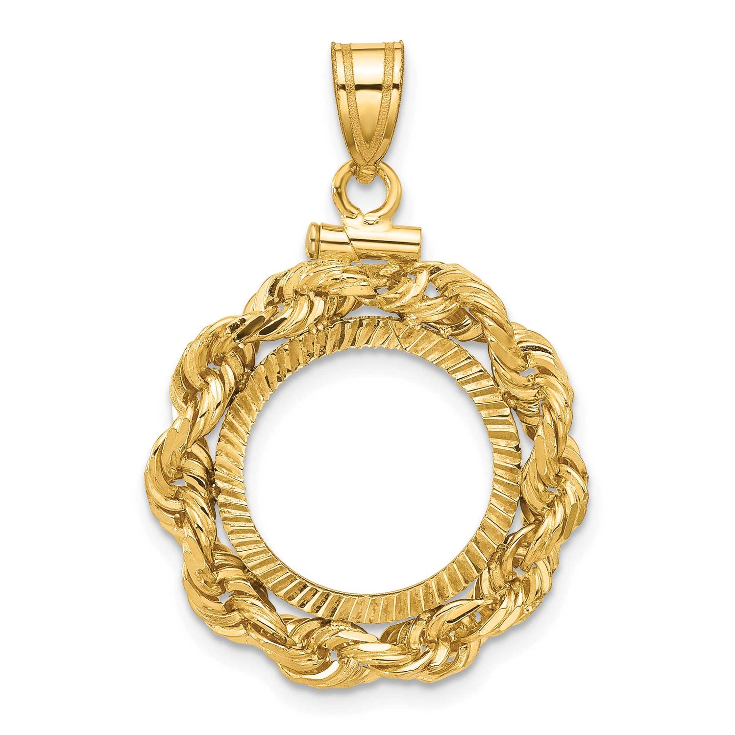 Rope and Diamond-Cut 15.0mm x 0.8mm Screw Top Coin Bezel Pendant 14k Gold Polished C3275D/15.0