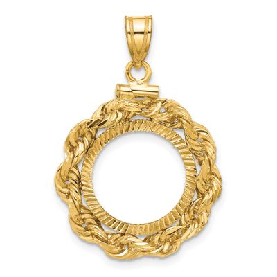 Rope and Diamond-Cut 15.0mm x 0.8mm Screw Top Coin Bezel Pendant 14k Gold Polished C3275D/15.0