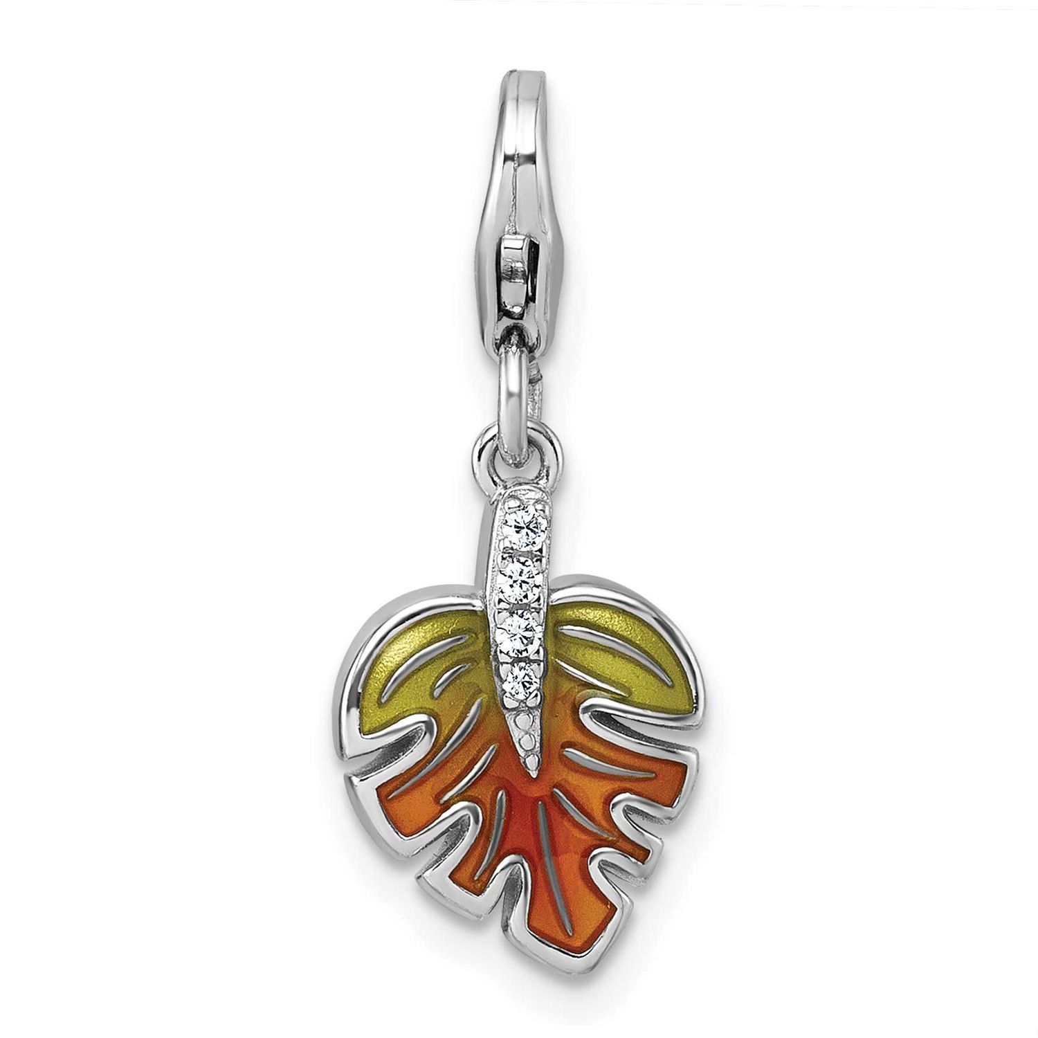 Amore La Vita 3-D Green Orange Enamel CZ Leaf Charm Sterling Silver Rhodium-plated QCC1318