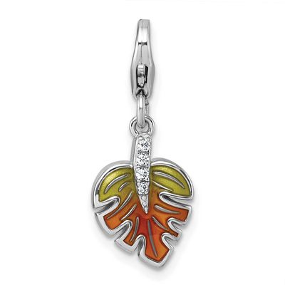 Amore La Vita 3-D Green Orange Enamel CZ Leaf Charm Sterling Silver Rhodium-plated QCC1318