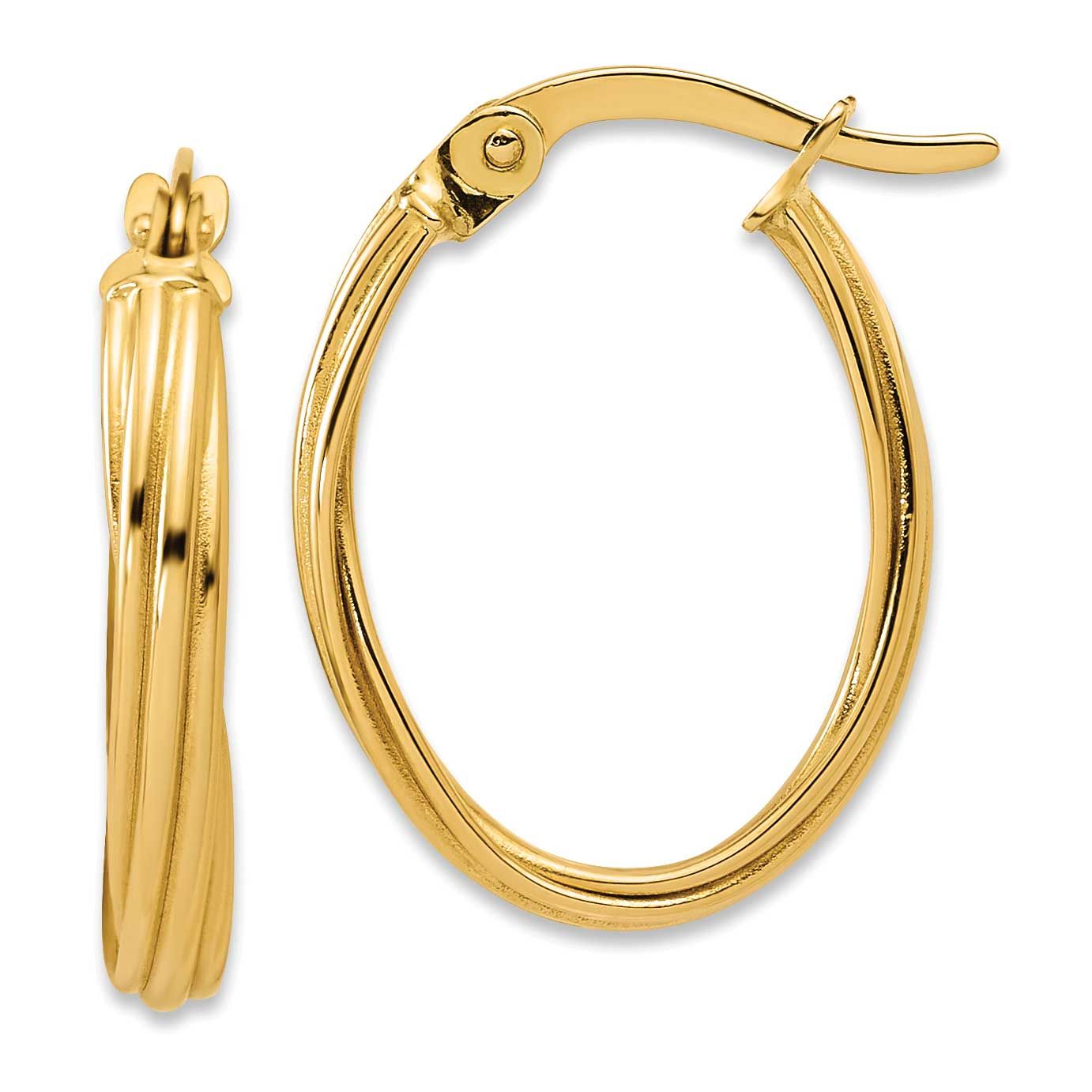 Grooved Twist Oval Hoop Earrings 14k Gold Polished LE2897