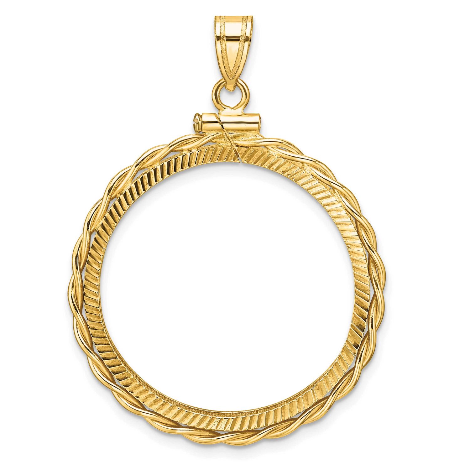 Twisted Wire and Diamond-Cut 27.0mm x 2.35mm Screw Top Coin Bezel Pendant 14k Gold Polished C2271D/…