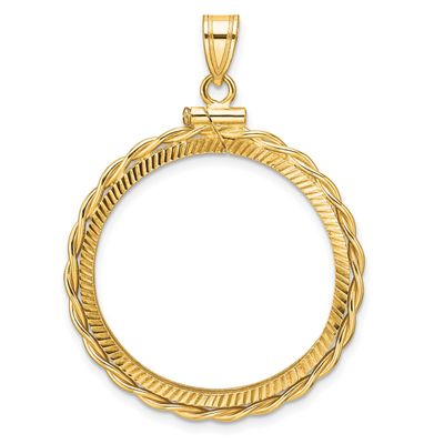 Twisted Wire and Diamond-Cut 27.0mm x 2.35mm Screw Top Coin Bezel Pendant 14k Gold Polished C2271D/…