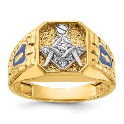 Ibgoodman Men&#39;s Polished and Textured with Blue Enamel and Diamond Blue Lodge Master Masonic Ring 1…