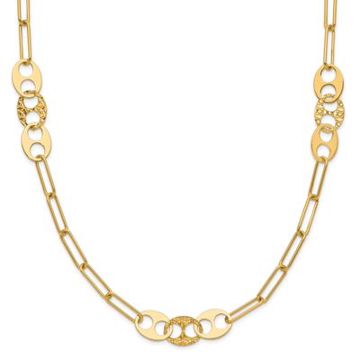 Fancy Link Necklace 14k Gold Polished and Textured LF1926-17 196904332245