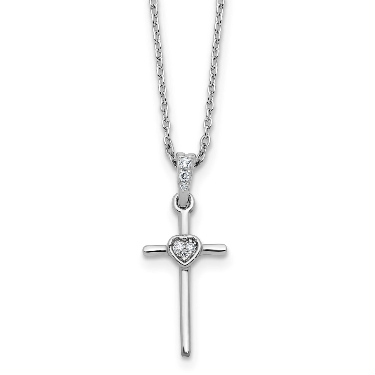 White Ice 18 Inch Diamond Cross and Heart Necklace Plus 2 Inch Extender Sterling Silver Rhodium-pla…