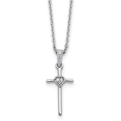 White Ice 18 Inch Diamond Cross and Heart Necklace Plus 2 Inch Extender Sterling Silver Rhodium-pla…
