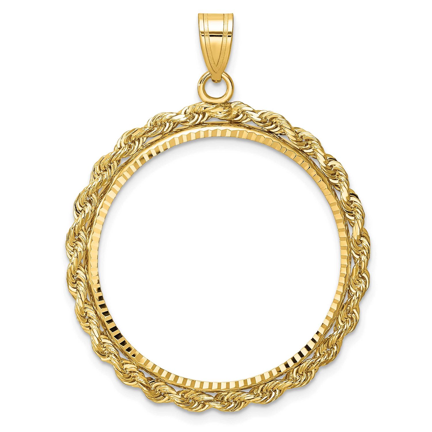 Diamond-Cut with Rope Edge 27.0mm Prong Coin Bezel Pendant 10k Gold Polished 10C3012D/27.0
