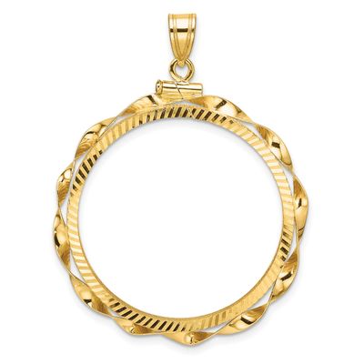 Hand Twisted Ribbon and Diamond-Cut 30.0mm x 3.00mm Screw Top Coin Bezel Pendant 14k Gold Polished …