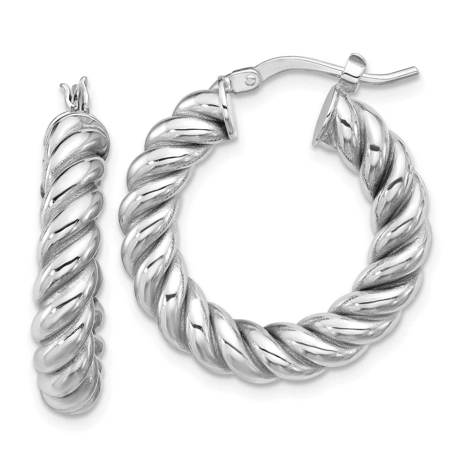 White Rh-Plat Polished/Twisted Round Hoop Earrings 14k Gold LE2801W
