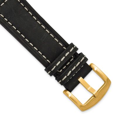 Debeer 22mm Black Leather with White Stitching and Brushed Gold-Tone Buckle 8 Inch Watch Band BAY57…