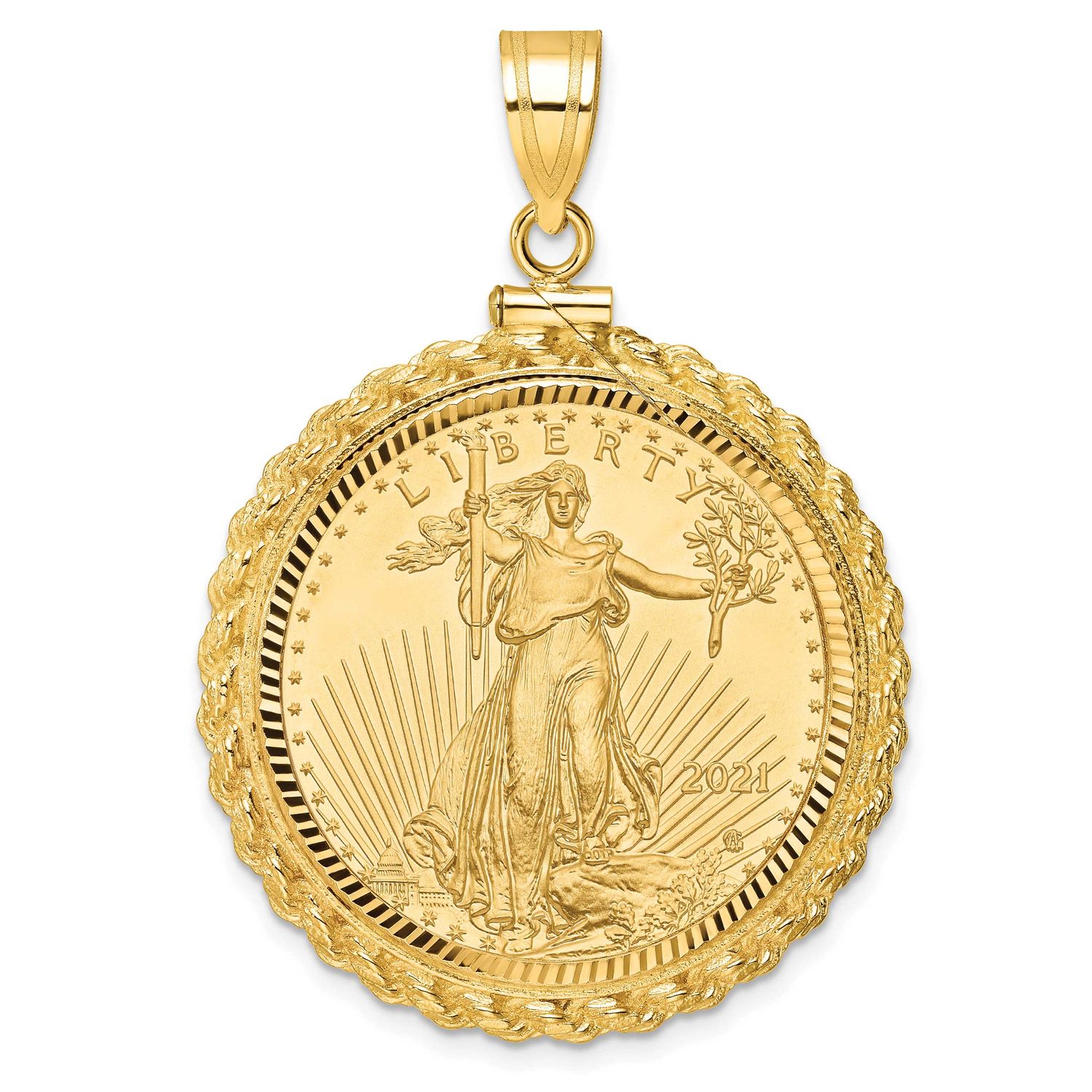 Diamond-Cut Casted Rope Screw Top Mounted 1/2Oz American Eagle Coin Bezel Pendant 14k Gold C8196/27…