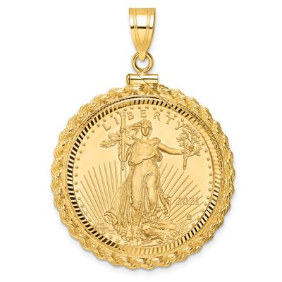 Diamond-Cut Casted Rope Screw Top Mounted 1/2Oz American Eagle Coin Bezel Pendant 14k Gold C8196/27…