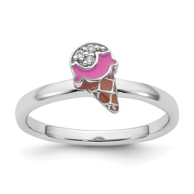 Children&#39;s Size 3 Pink and Brown Enamel with CZ Ice Cream Cone Ring Sterling Silver Rhodium-plated …