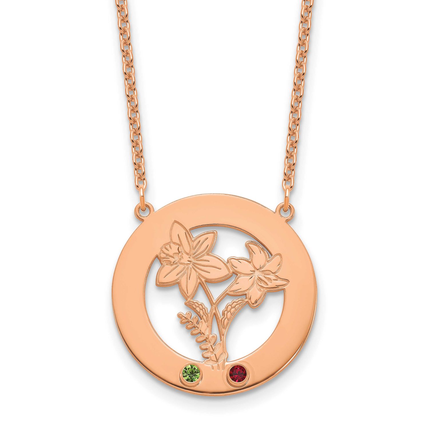Circle with 2 Birth Flower and Birthstone Necklace Sterling Silver Rose-plated XNA1487/2RP