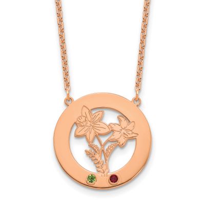 Circle with 2 Birth Flower and Birthstone Necklace Sterling Silver Rose-plated XNA1487/2RP