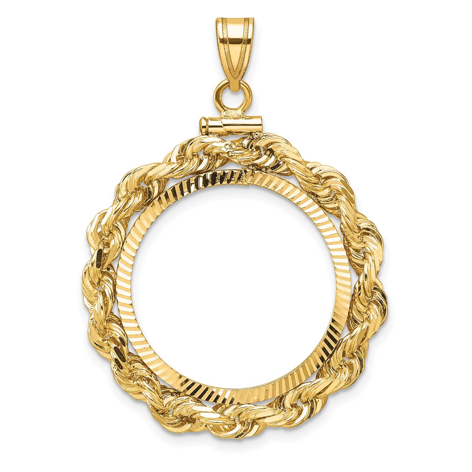 Rope and Diamond-Cut 22.0mm x 1.9mm Screw Top Coin Bezel Pendant 14k Gold Polished C3275D/22.0
