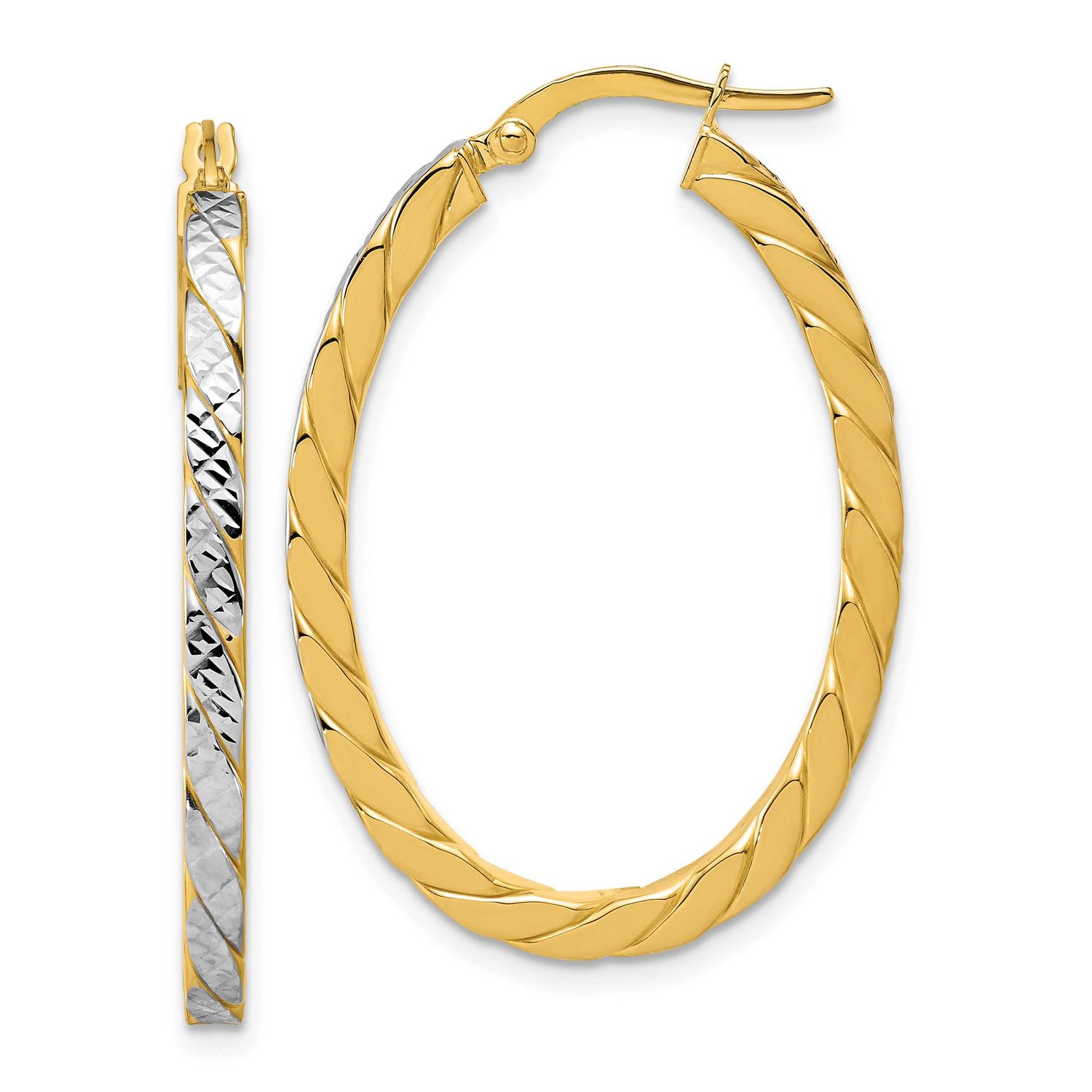 Polished and Diamond-Cut Oval Hoop Earrings 14k Gold with Rhodium LE2859