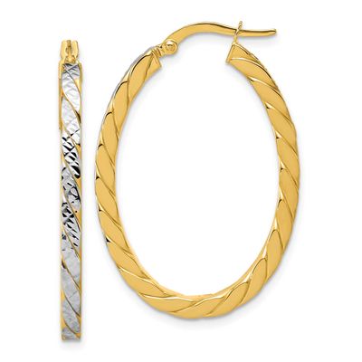 Polished and Diamond-Cut Oval Hoop Earrings 14k Gold with Rhodium LE2859
