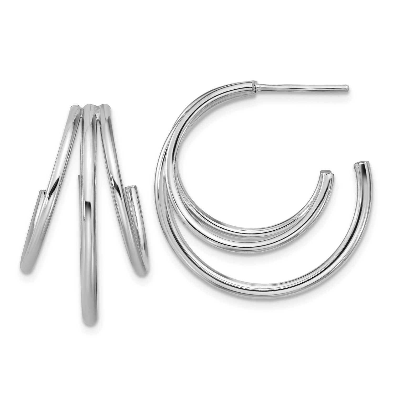 3-Row J-Hoop Post Earrings Sterling Silver Rhodium-plated Polished QLE1522 196904322291