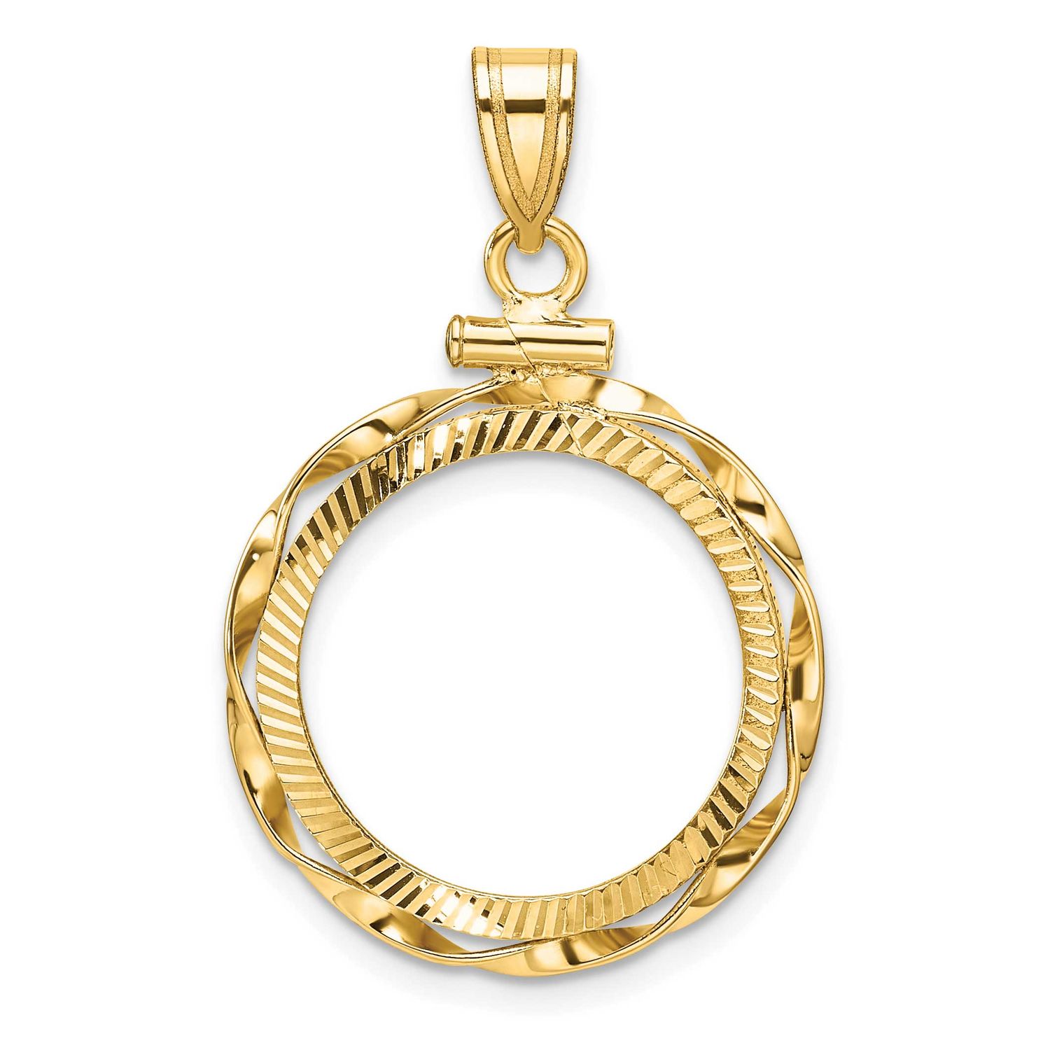 Hand Twisted Ribbon and Diamond-Cut 18.0mm x 1.35mm Screw Top Coin Bezel Pendant 14k Gold Polished …