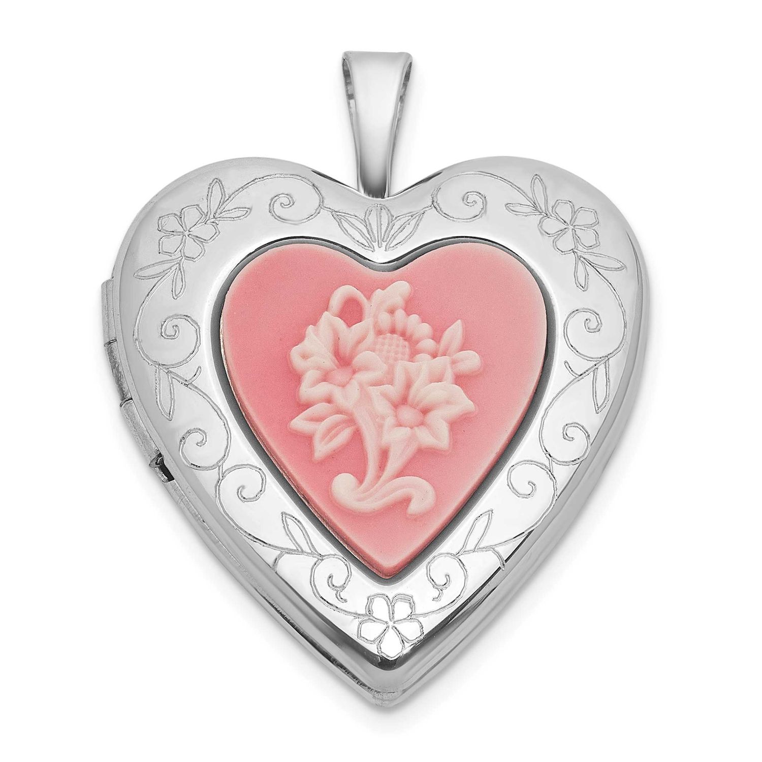 Brushed and Polished Pink Flowers Resin Cameo 20mm Heart Locket Sterling Silver Rhodium-plated QLS1…