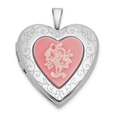 Brushed and Polished Pink Flowers Resin Cameo 20mm Heart Locket Sterling Silver Rhodium-plated QLS1…