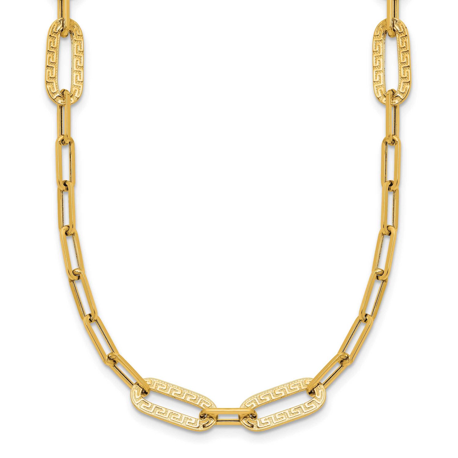 Textured Greek Key Paperclip Link Necklace 14k Gold Polished LF2227-18 196904317037