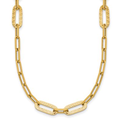 Textured Greek Key Paperclip Link Necklace 14k Gold Polished LF2227-18 196904317037