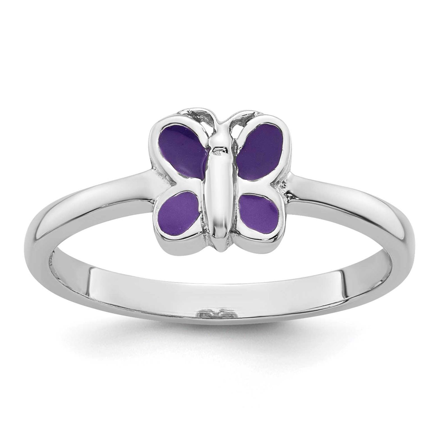 Children&#39;s Size 4 Purple Enamel Butterfly Ring Sterling Silver Rhodium-plated QR7650-4