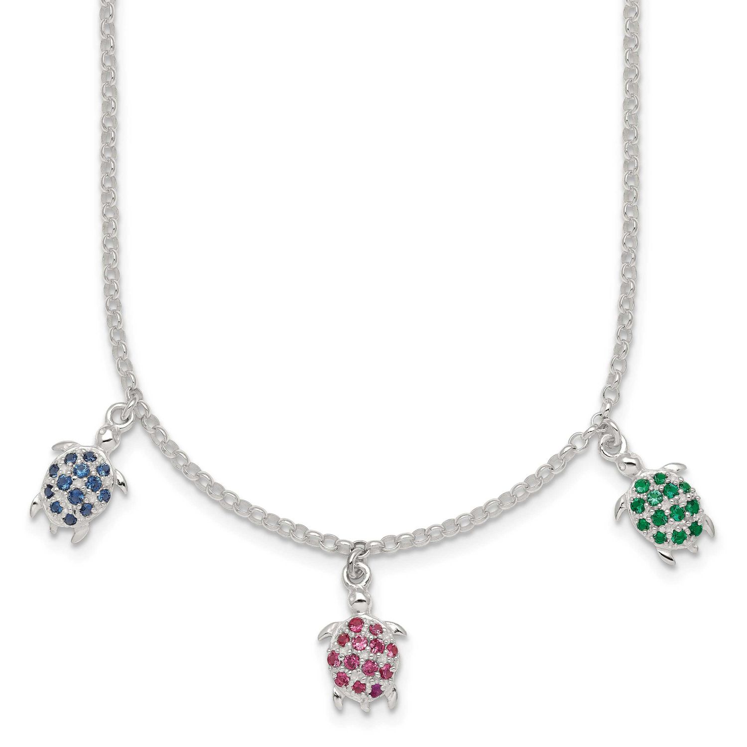 Green Red and Blue Nano Crystal Turtles Necklace Sterling Silver Polished QG7275-16