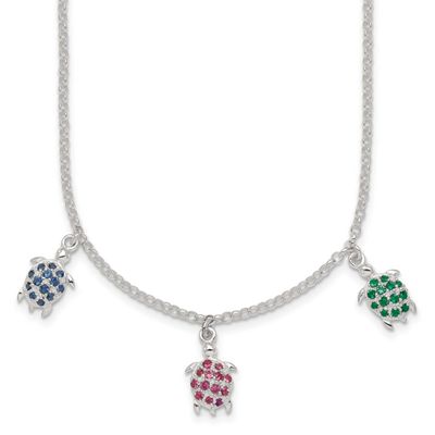 Green Red and Blue Nano Crystal Turtles Necklace Sterling Silver Polished QG7275-16