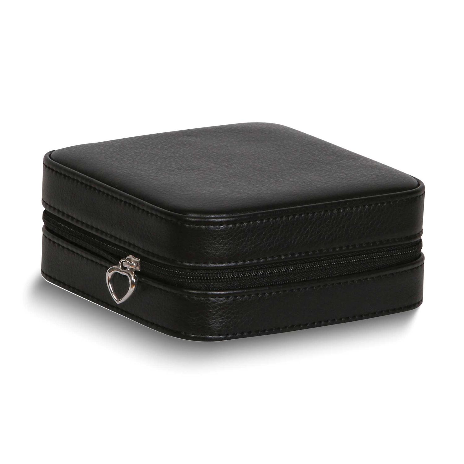 Black Vegan Leather Mirrored Divider Faux Suede Lined Zippered Jewelry Case with Removable Drawstri…