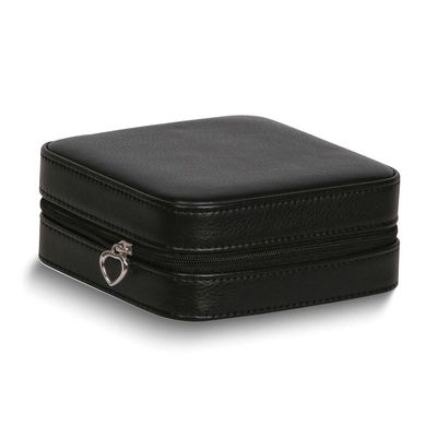 Black Vegan Leather Mirrored Divider Faux Suede Lined Zippered Jewelry Case with Removable Drawstri…