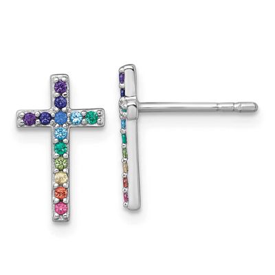 Multi Color Nano Crystal Children Cross Post Earrings Sterling Silver Rhodium-plated QE18257