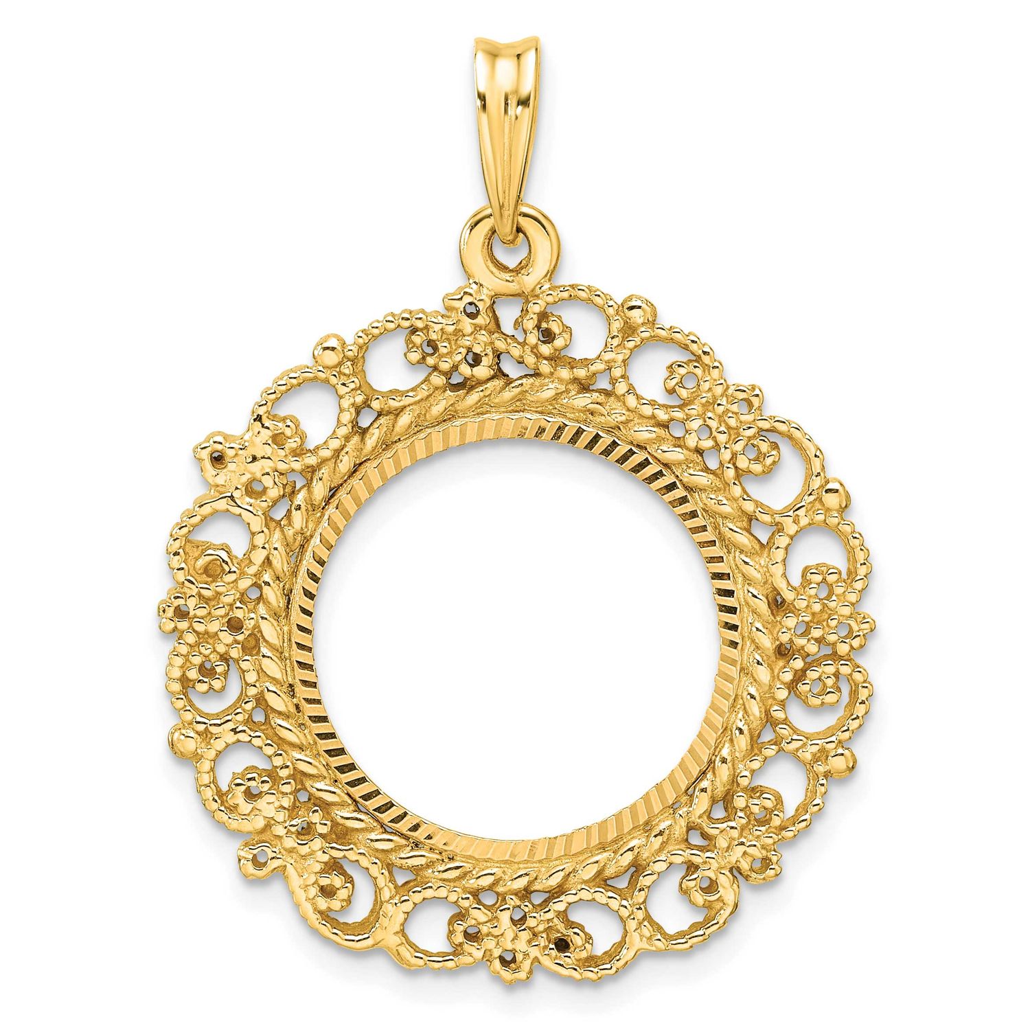 Textured and Diamond-Cut Victorian 17.8mm Prong Coin Bezel Pendant 14k Gold Polished C2819D/17.8